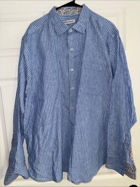 100% Linen XL Tommy Bahama Light Blue & White Striped button down  Shirt